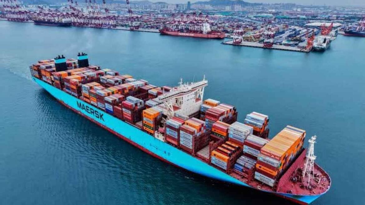 Un buque portacontenedores navega frente a una terminal portuaria. La reforma busca que más cargas argentinas viajen por agua.